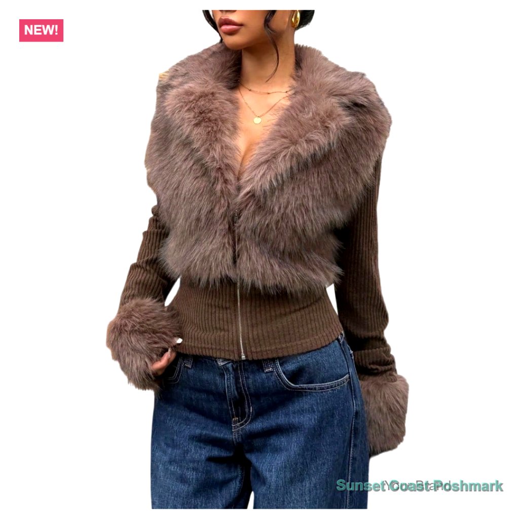 Faux Fur Collared Zip Up Jacket Slim Fit Winter Coat Outerwear